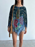 Vintage velvet beaded peacock asymmetrical fringe blouse