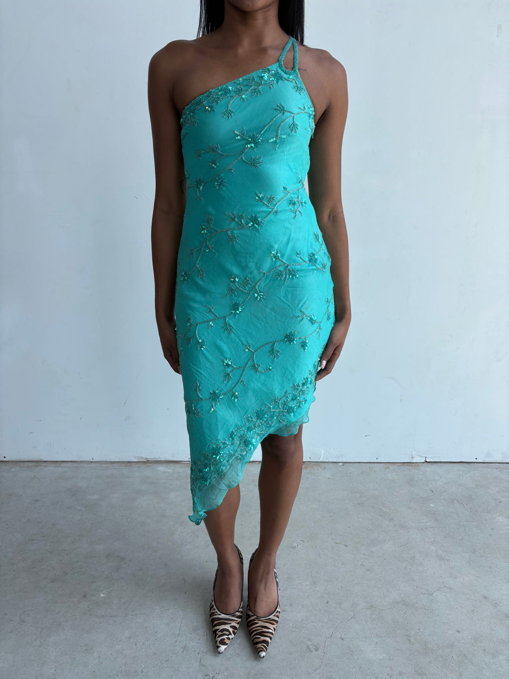 Vintage Scala turquoise beaded silk asymmetrical mermaid dress
