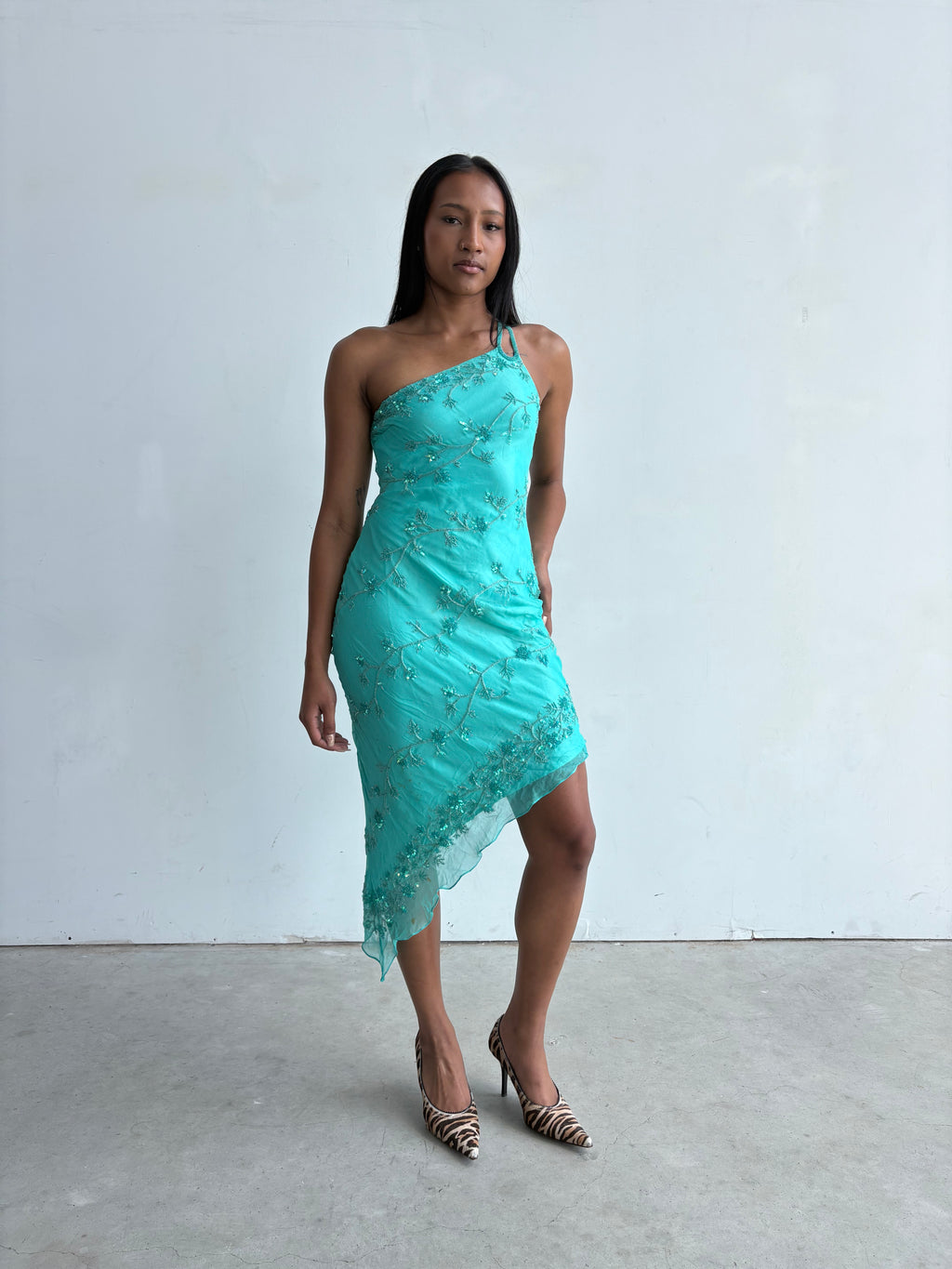 Vintage Scala turquoise beaded silk asymmetrical mermaid dress