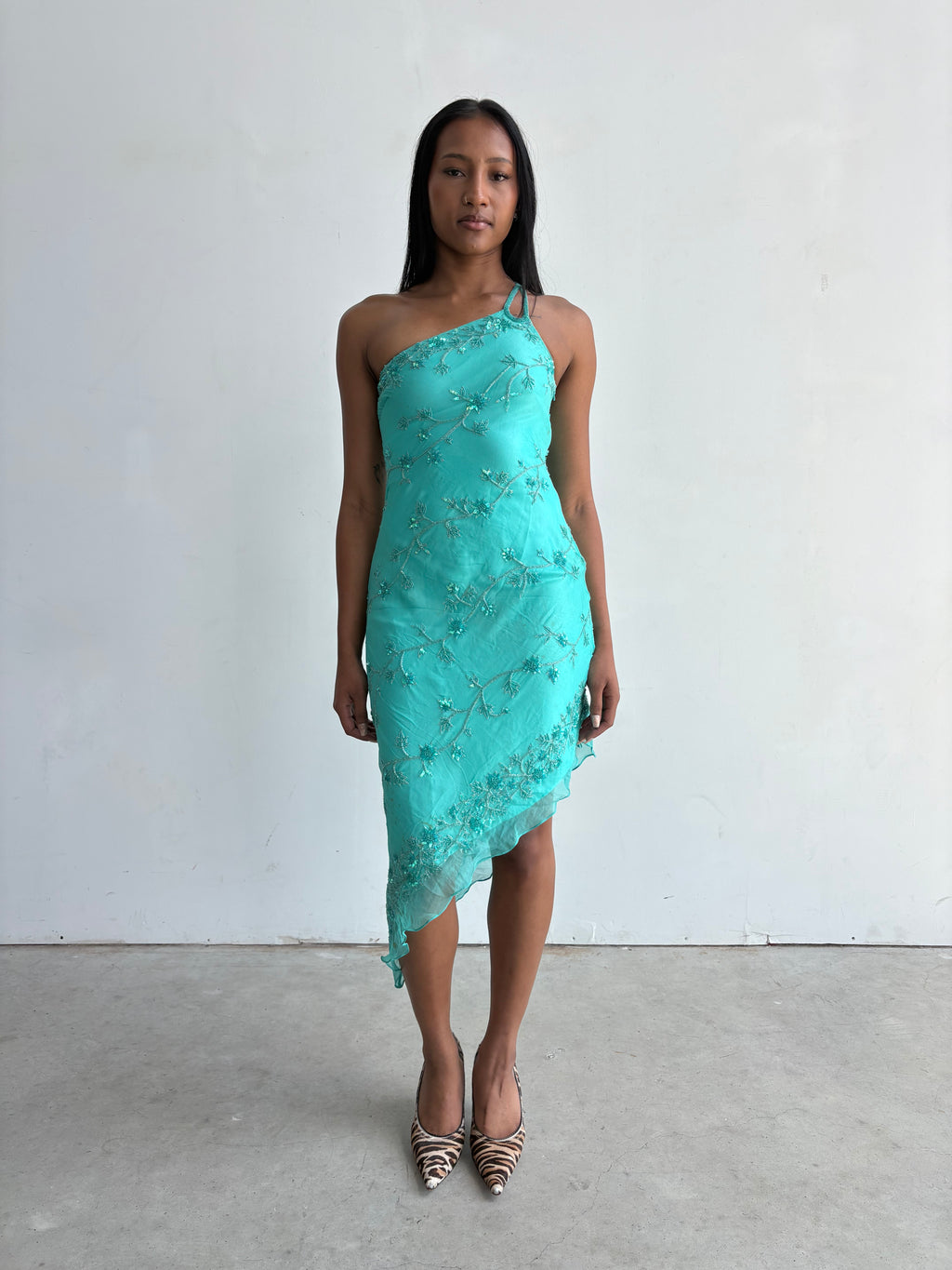 Vintage Scala turquoise beaded silk asymmetrical mermaid dress