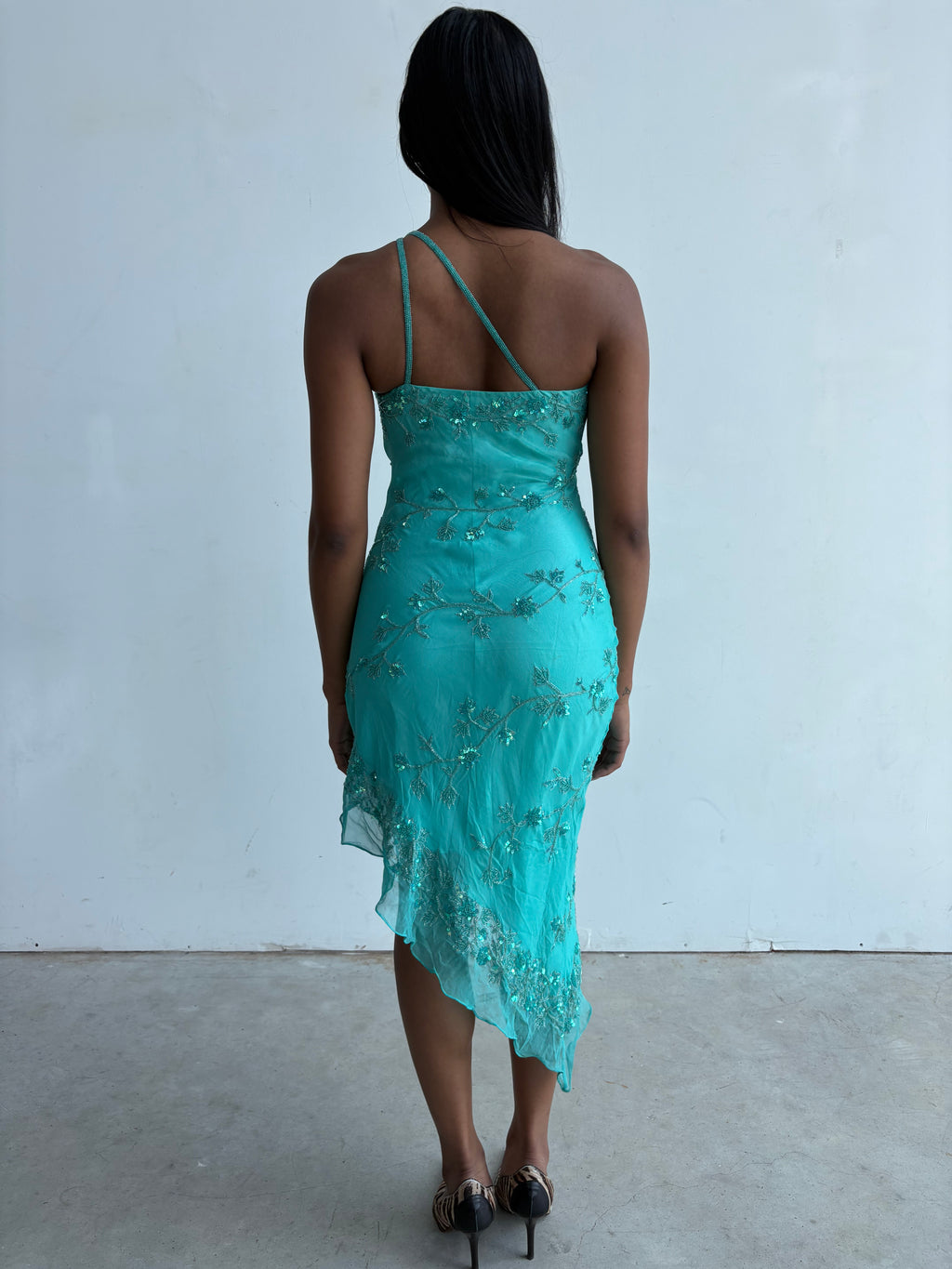 Vintage Scala turquoise beaded silk asymmetrical mermaid dress