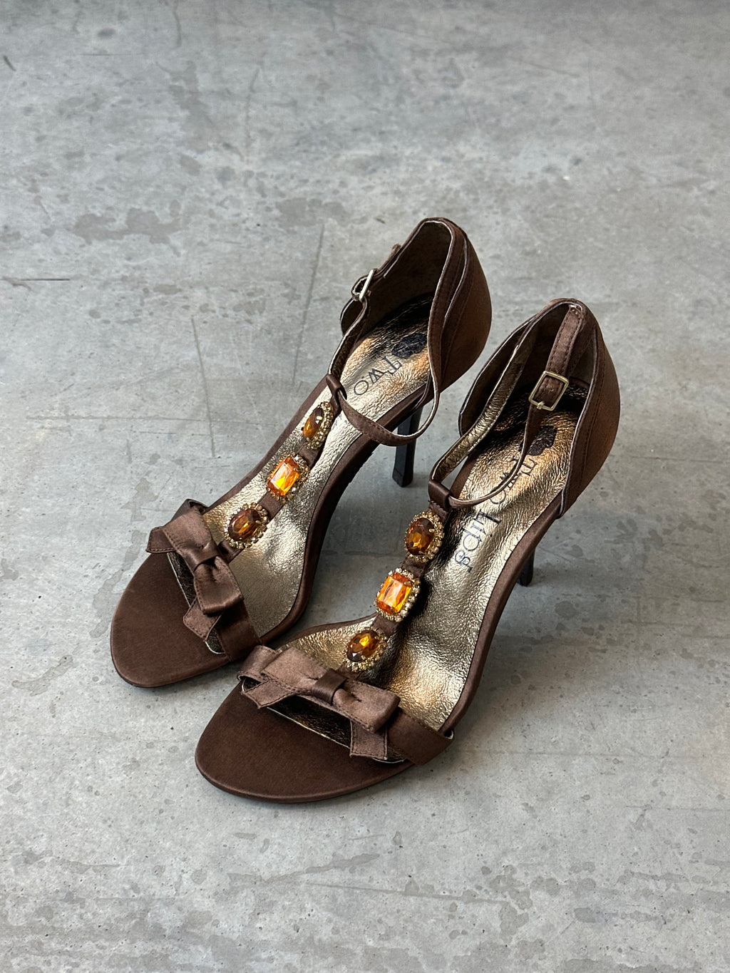 two lips brown and gold embellished heels