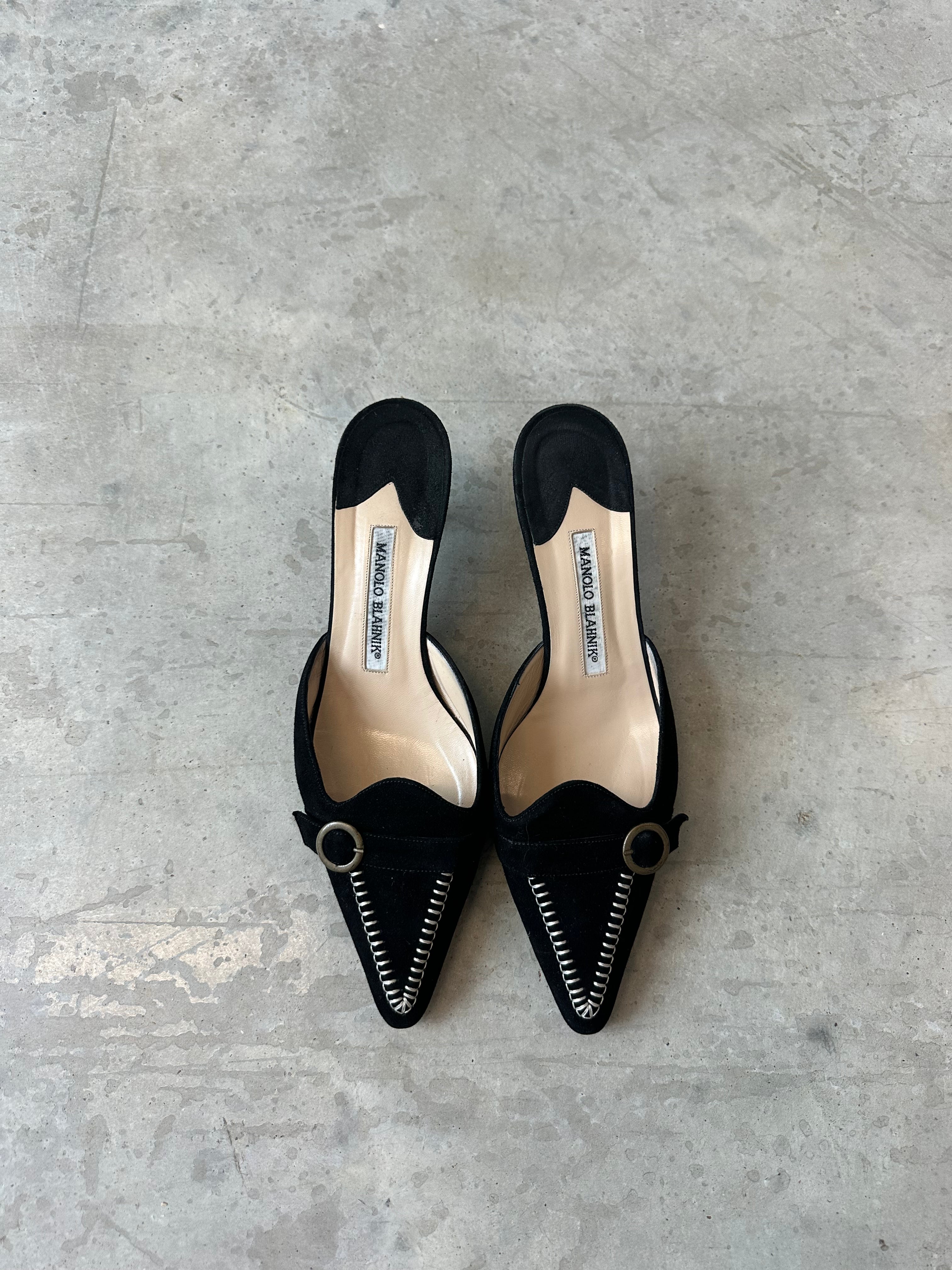 black suede manolo blahnik kitten heels