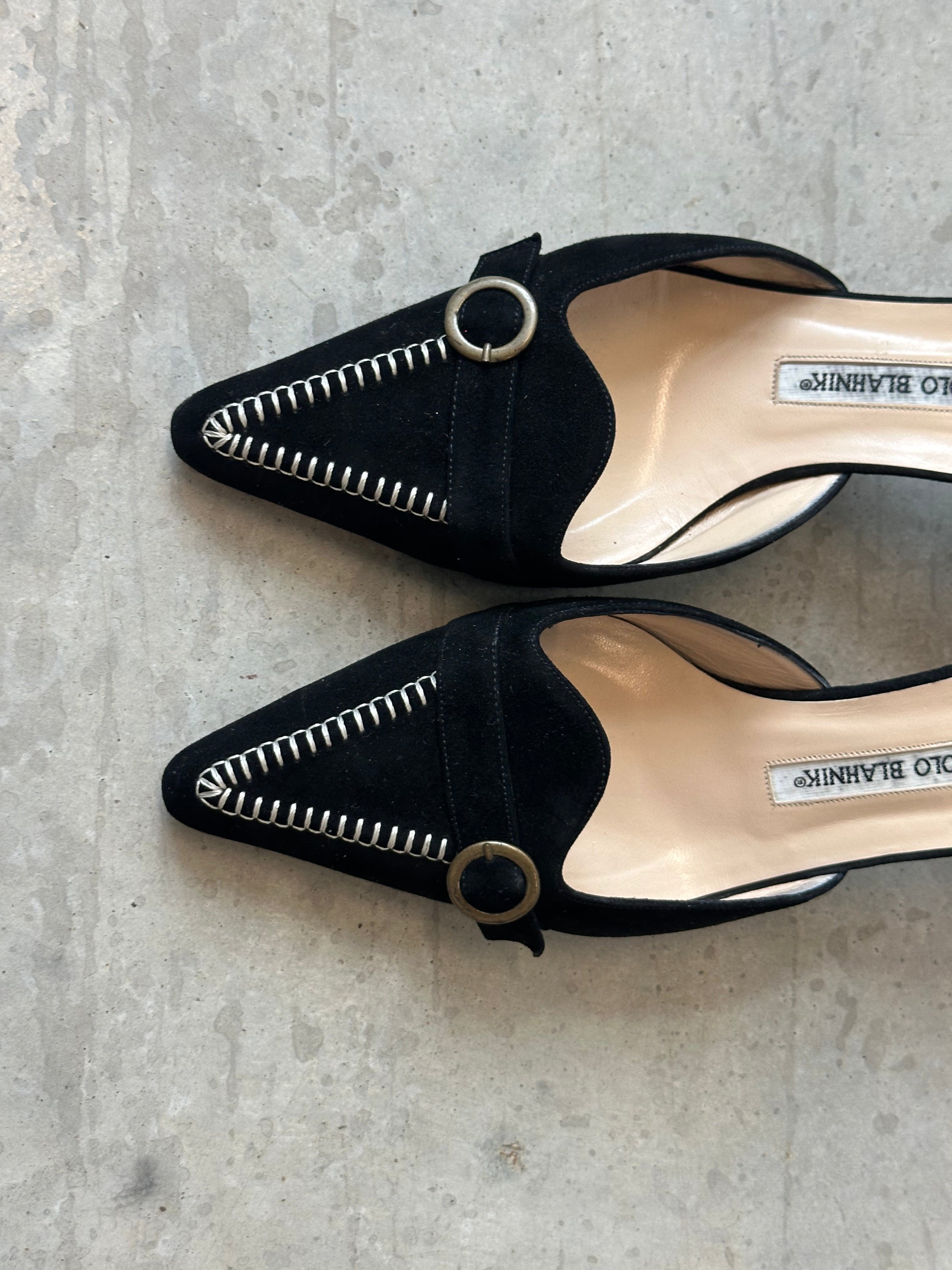 black suede manolo blahnik kitten heels