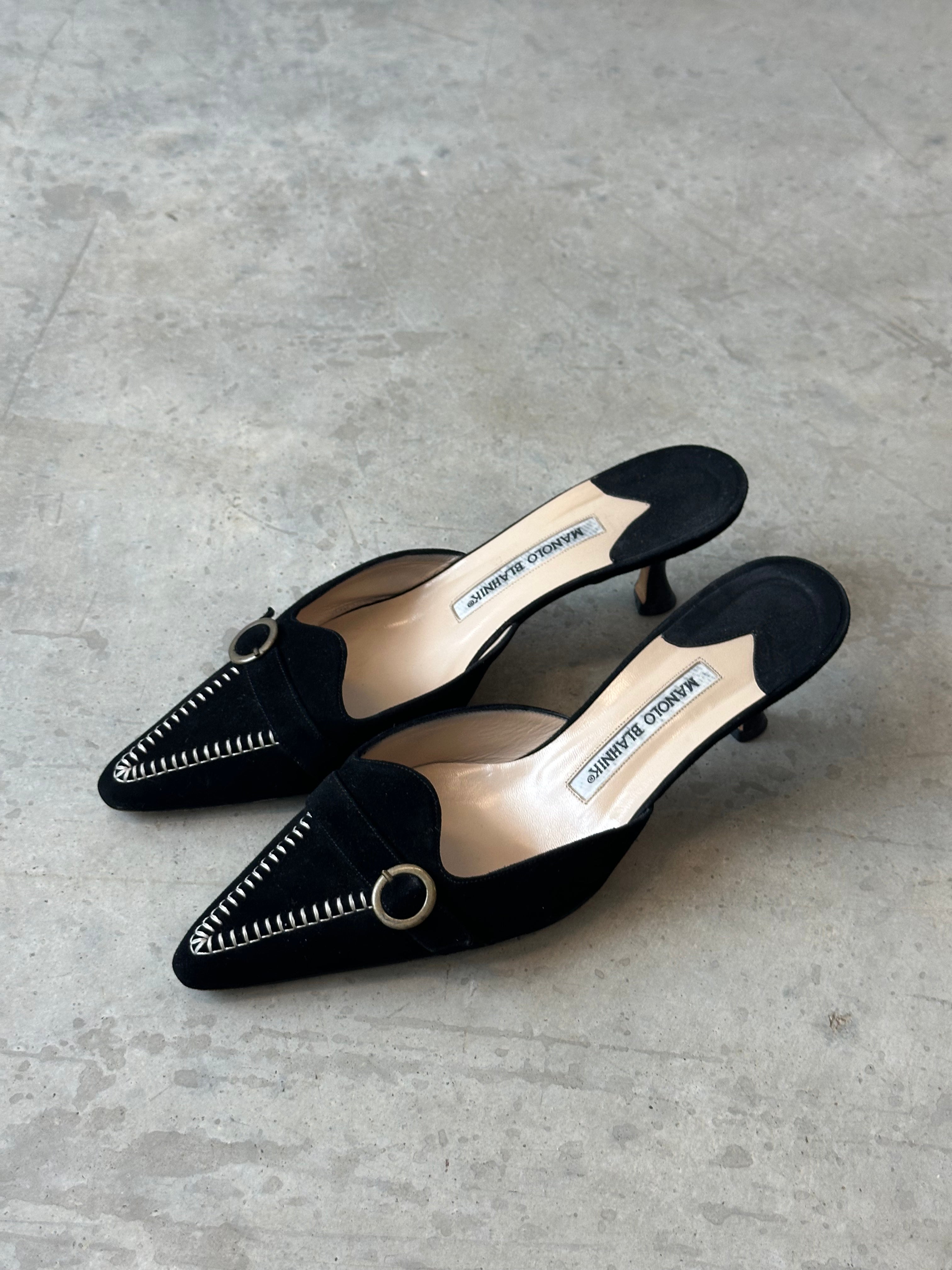 black suede manolo blahnik kitten heels
