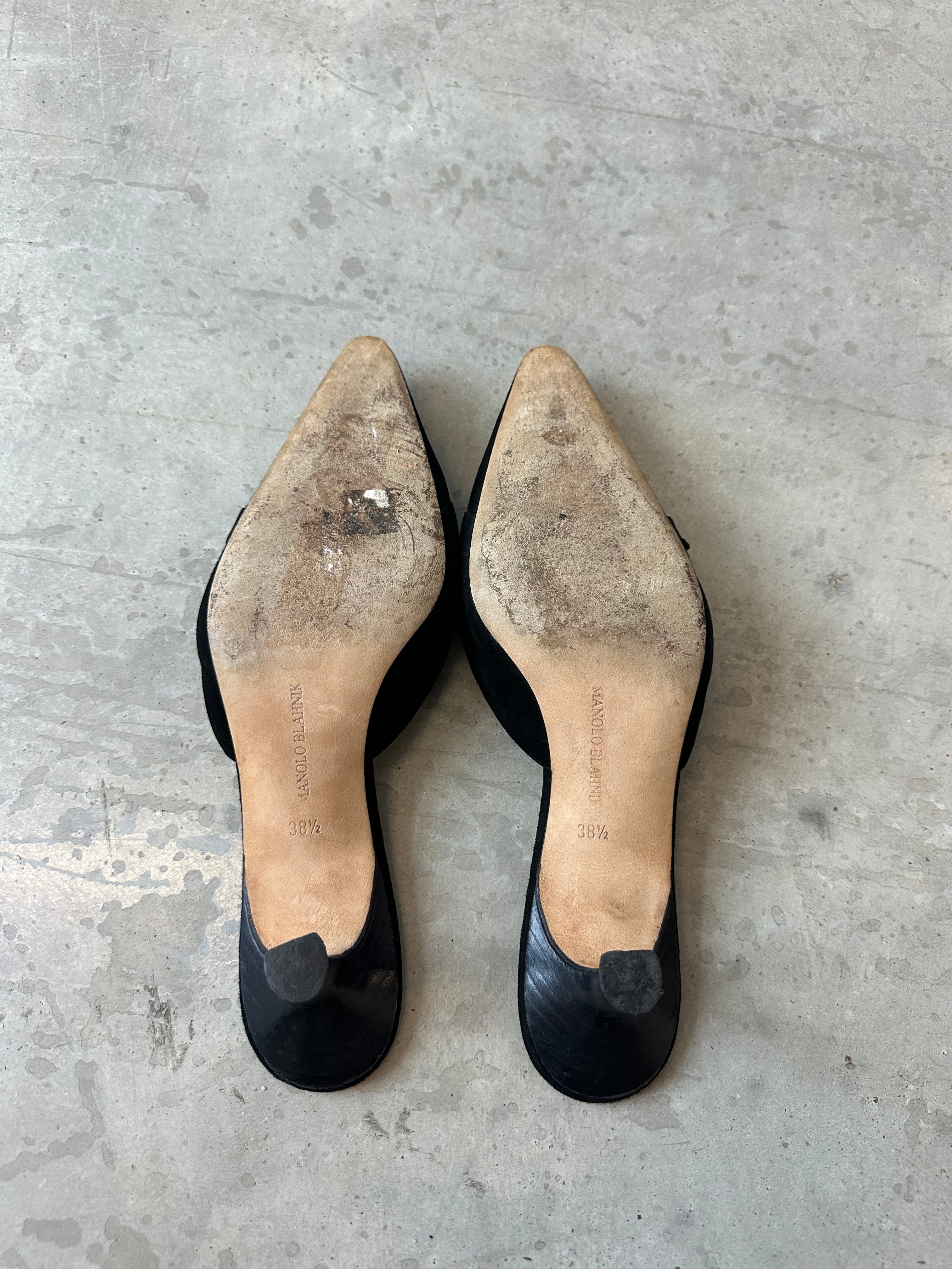 black suede manolo blahnik kitten heels