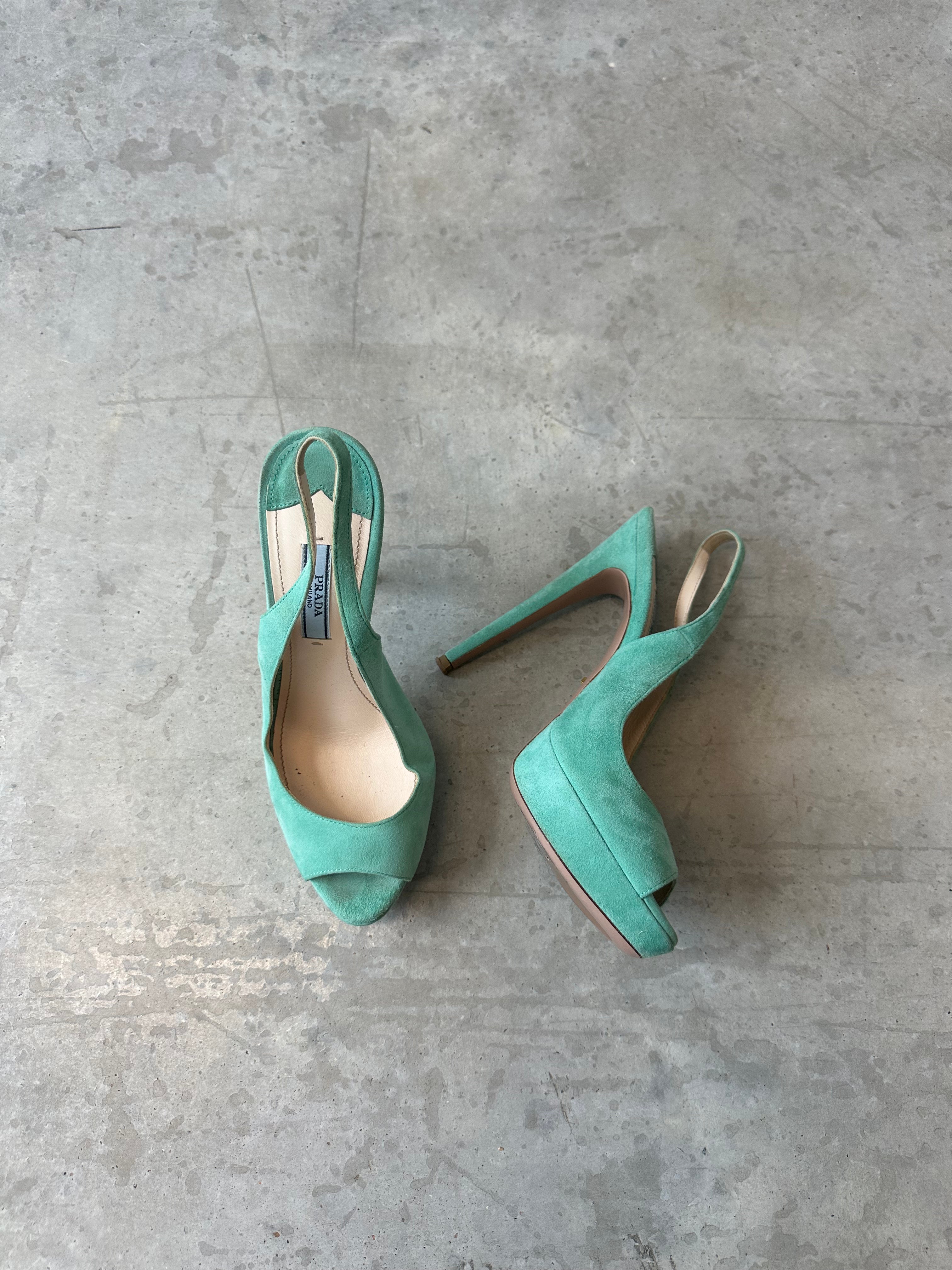 vintage prada teal peep toe suede heels
