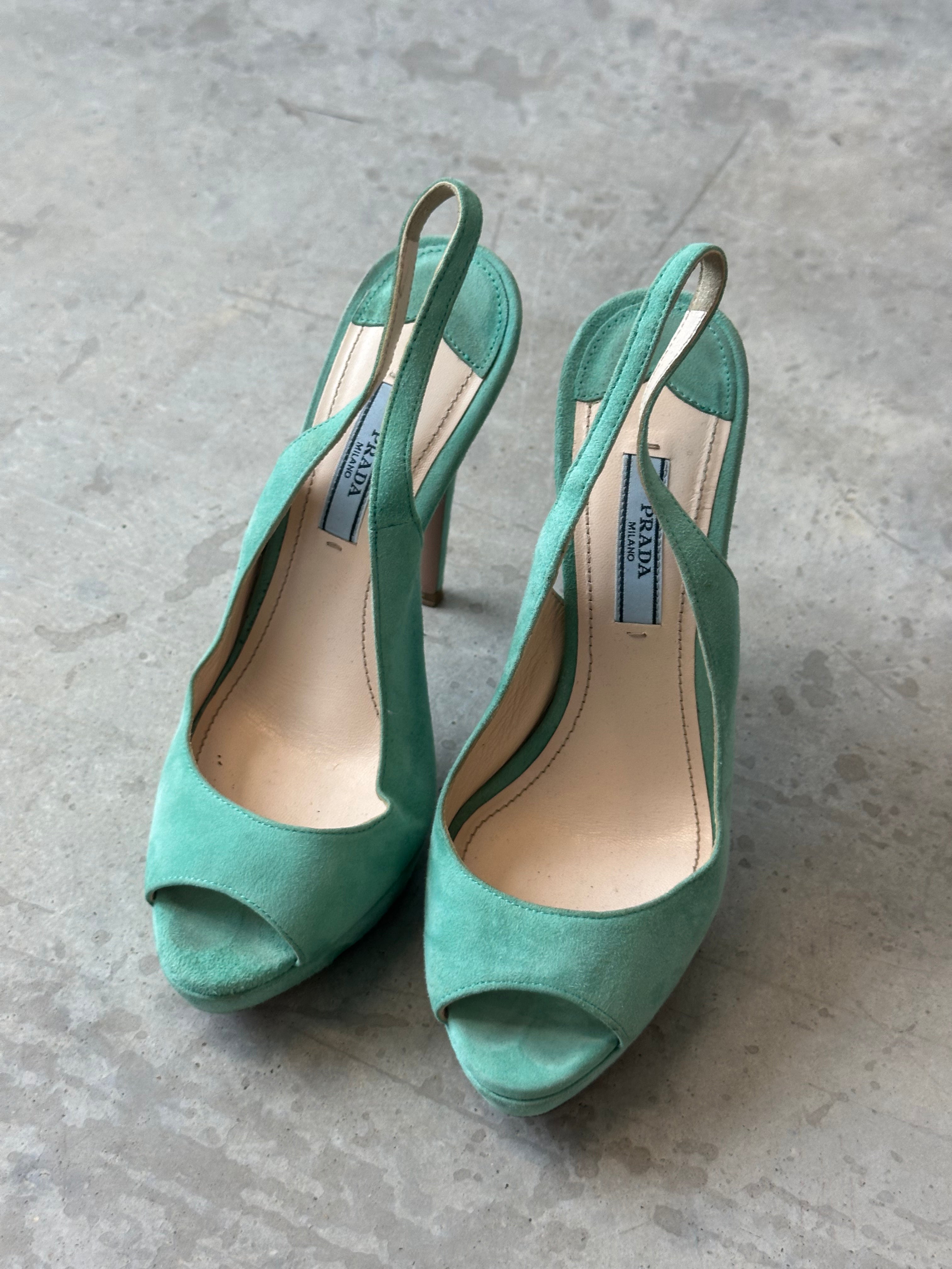 vintage prada teal peep toe suede heels
