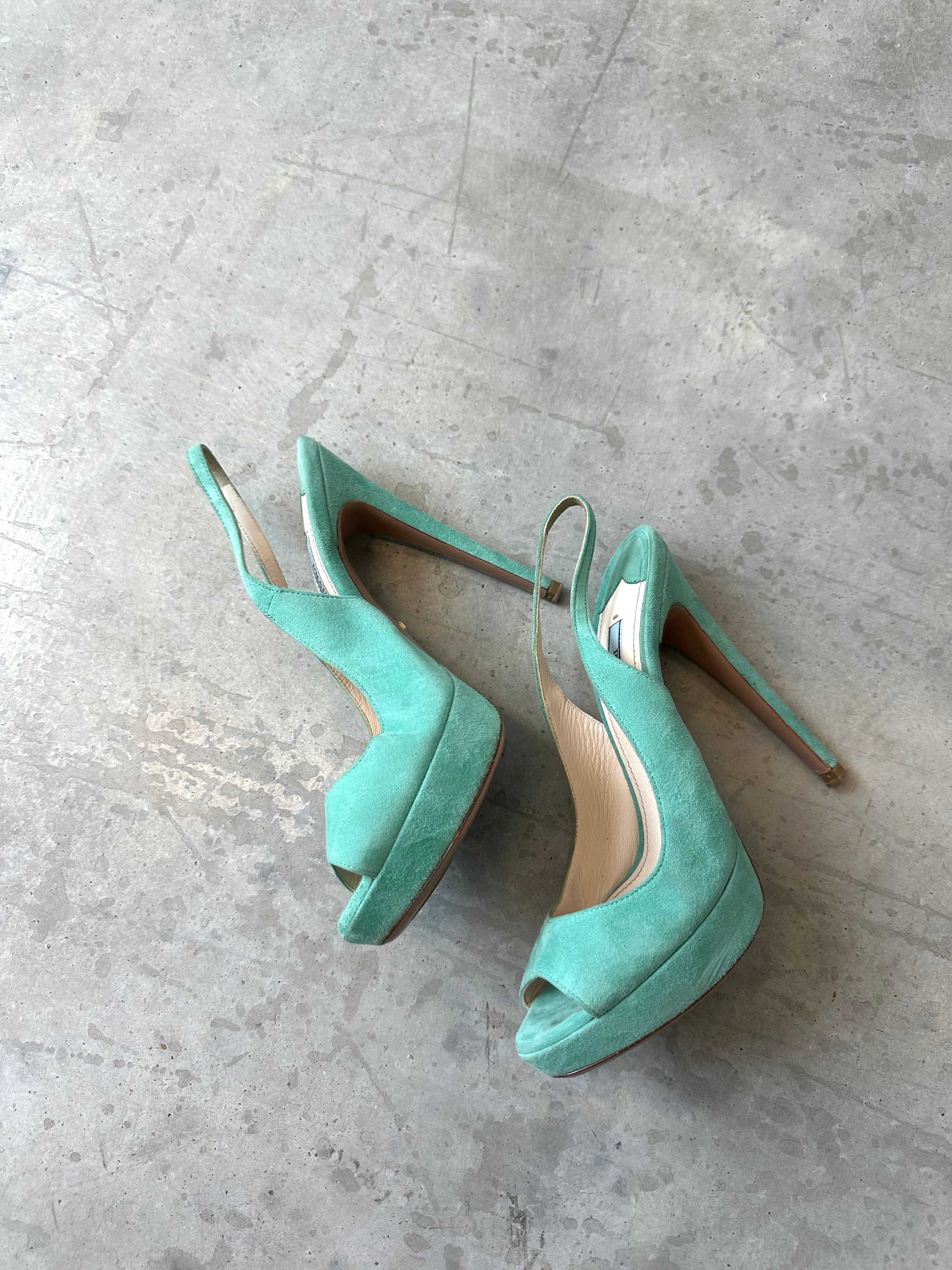 vintage prada teal peep toe suede heels