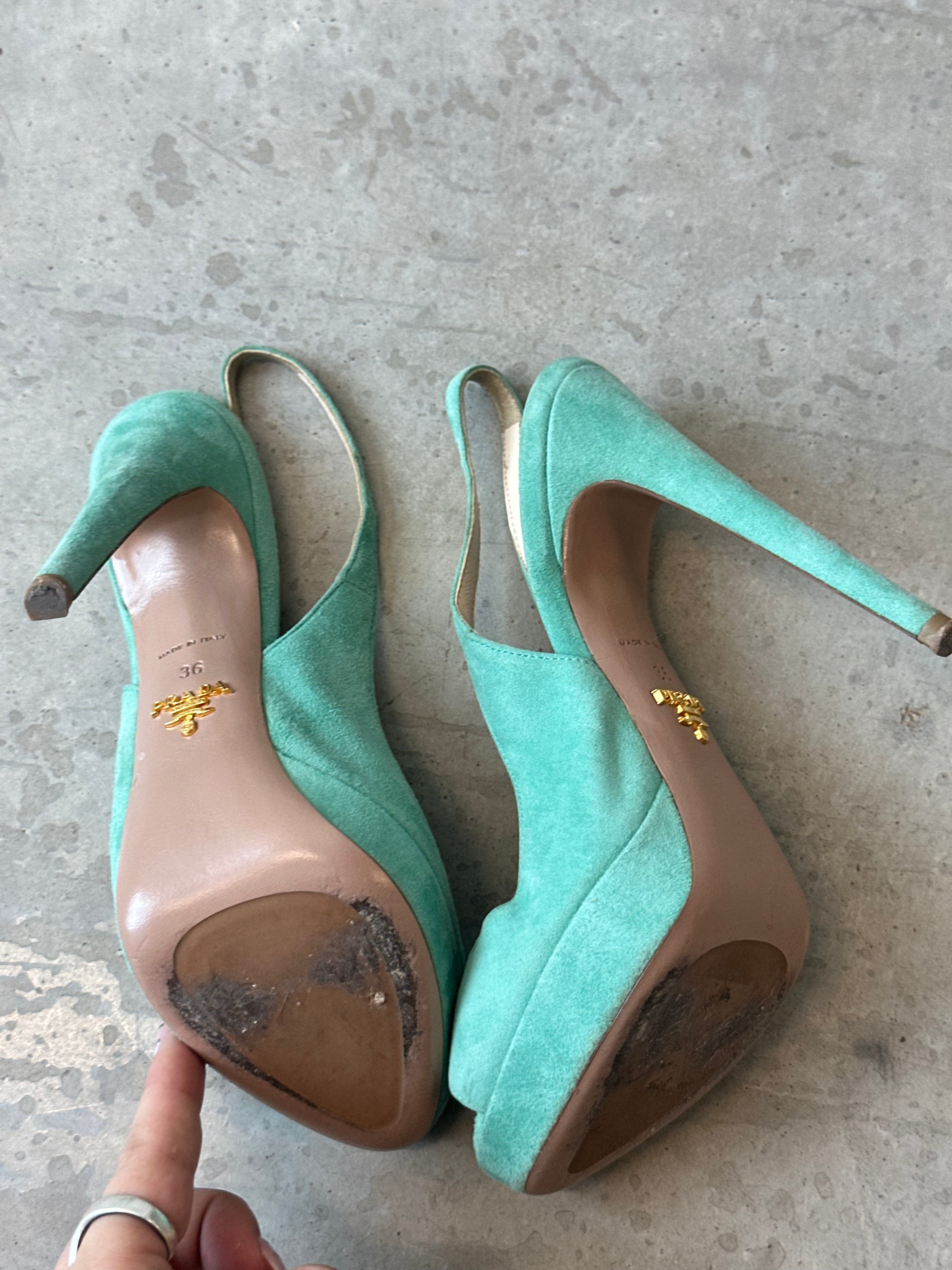 vintage prada teal peep toe suede heels