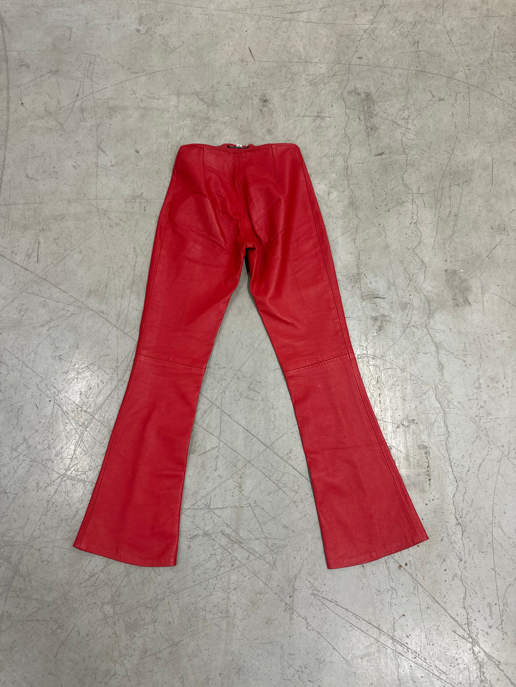 red leather lowrise leather flare pants