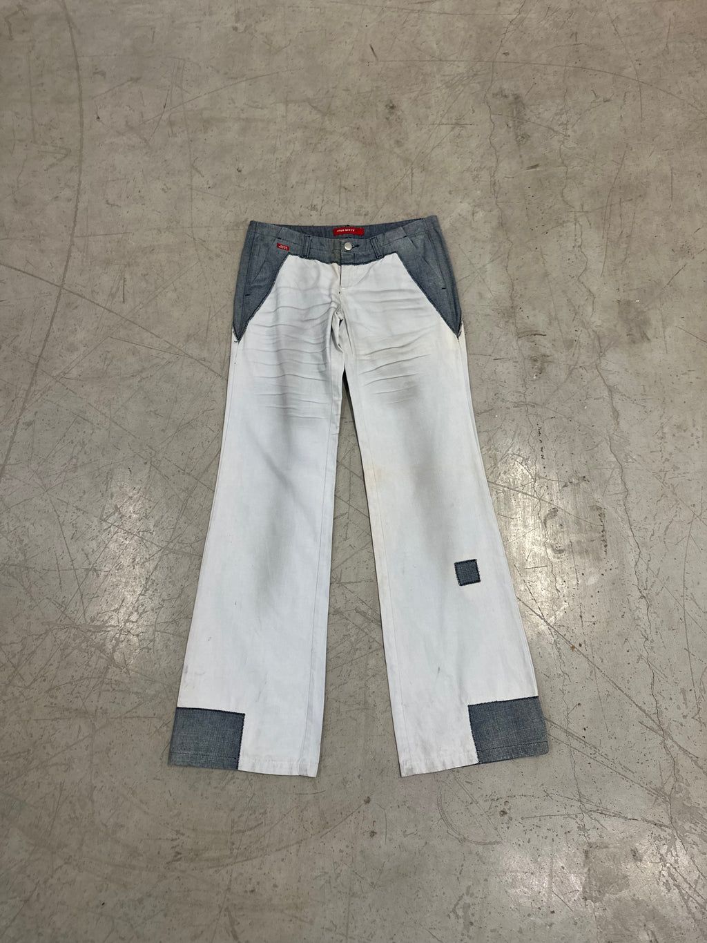 miss sixty dirt wash white and denim flare pants