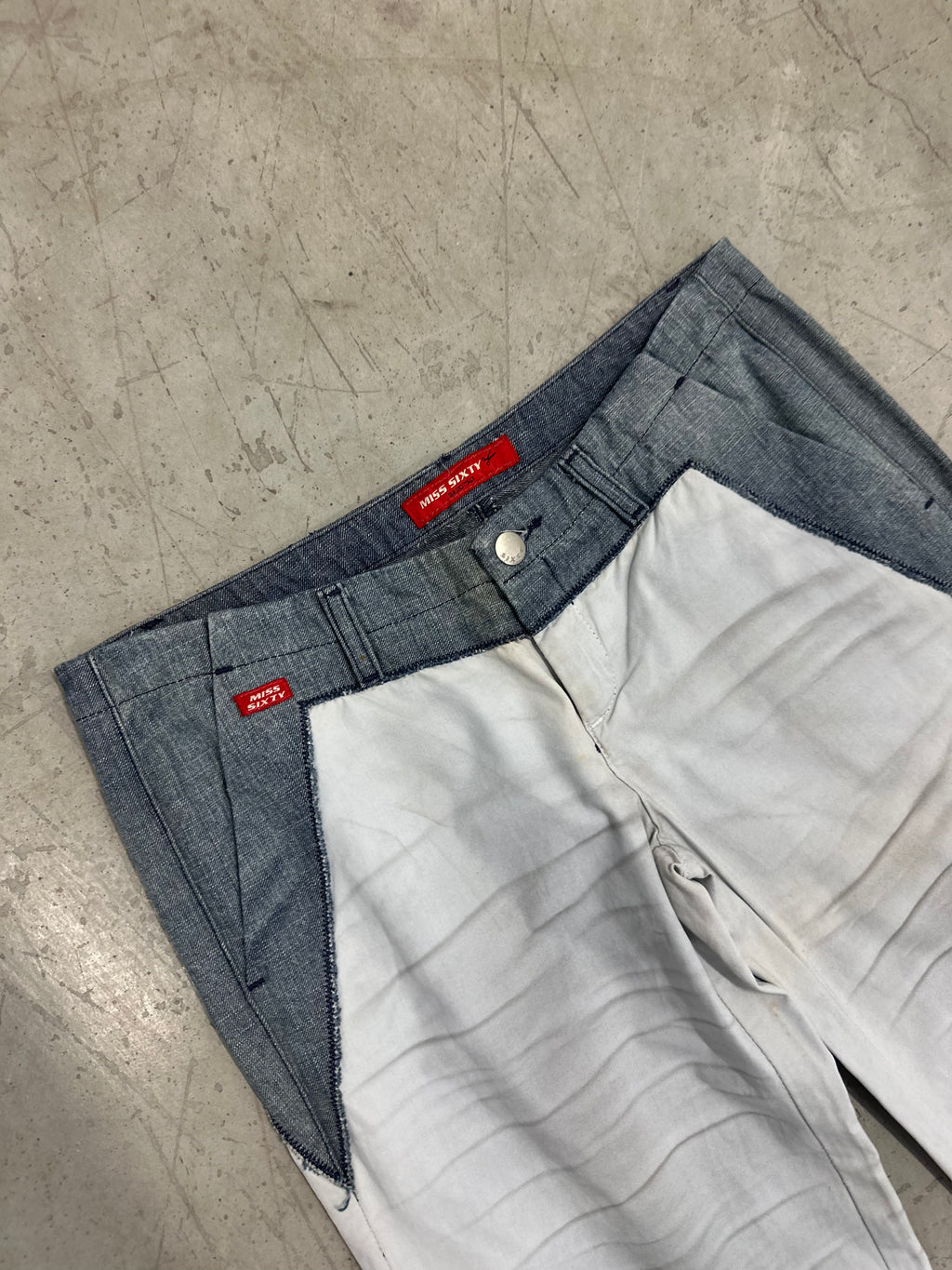 miss sixty dirt wash white and denim flare pants