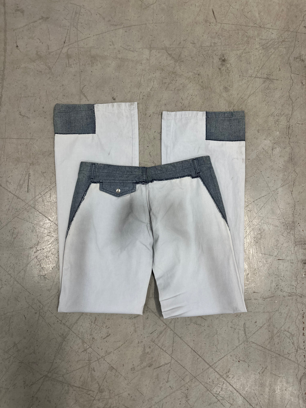 miss sixty dirt wash white and denim flare pants