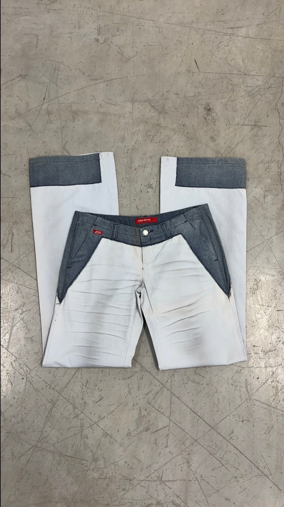 miss sixty dirt wash white and denim flare pants